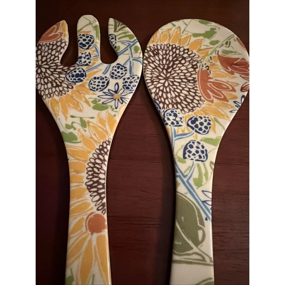 Floral Melamine Salad Server Serving Spoon Fork Garden Flowers Sunflower Leaves!